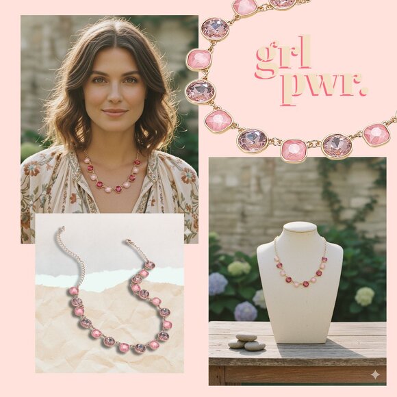 Anthropologie Faceted Glass Beaded Gem Gold Link Necklace NEW Pink Crystals - Picture 1 of 7